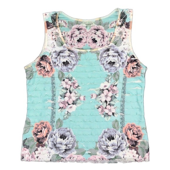 dressbarn Tops - Dressbarn Women's Petite Large Aqua Blue Floral Tank Top Sleeveless Ruffle Trim